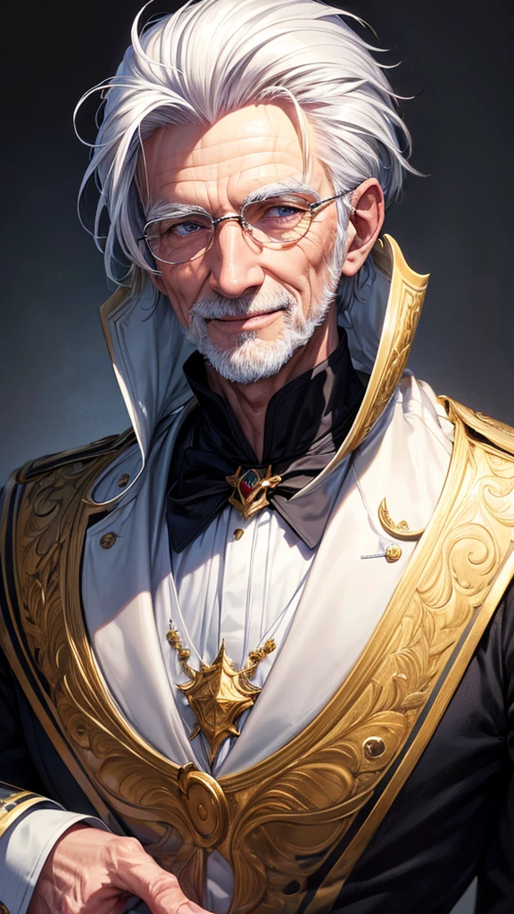 masterpiece, best quality, high resolution, closeup portrait, a male, white hair, Servant uniform, amazing composition, front view, HDR, ultra quality, elegant, highly detailed, old man, handsome grandpa, smile