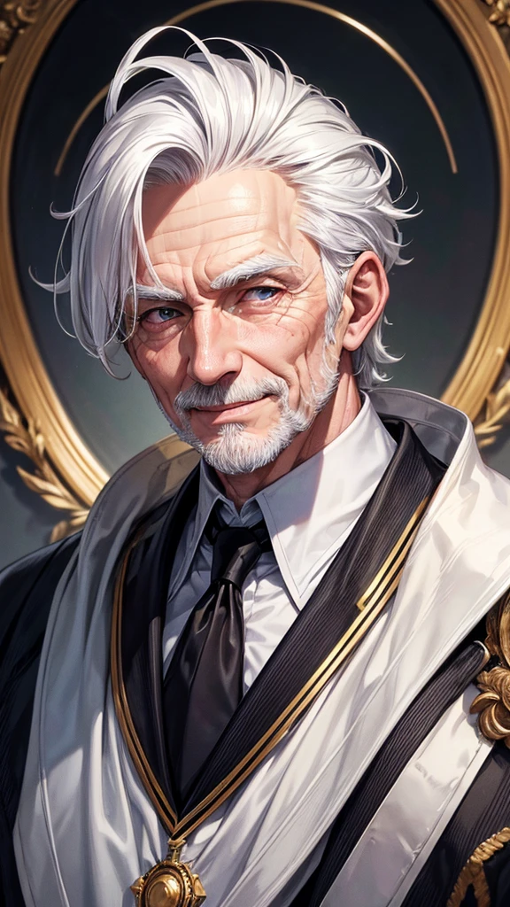 masterpiece, best quality, high resolution, closeup portrait, a male, white hair, Servant uniform, amazing composition, front view, HDR, ultra quality, elegant, highly detailed, old man, handsome grandpa, smile