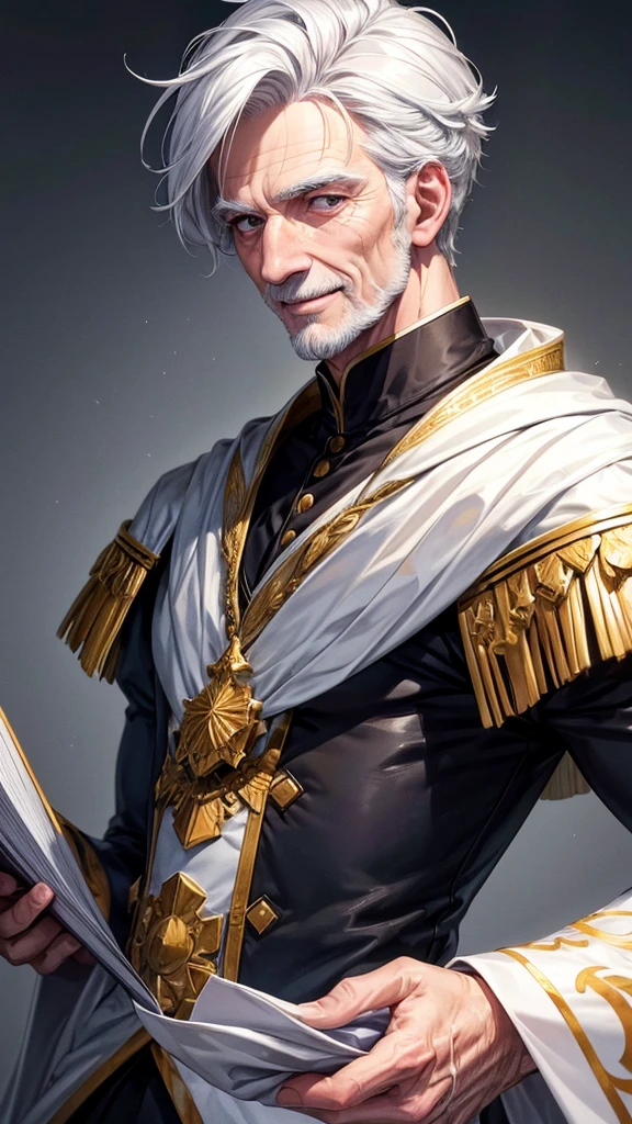 masterpiece, best quality, high resolution, closeup portrait, a male, white hair, Servant uniform, amazing composition, front view, HDR, ultra quality, elegant, highly detailed, old man, handsome grandpa, smile