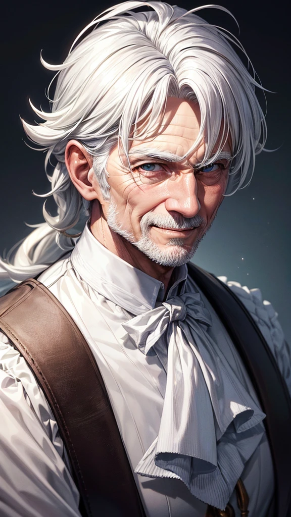 masterpiece, best quality, high resolution, closeup portrait, a male, white hair, Servant uniform, amazing composition, front view, HDR, ultra quality, elegant, highly detailed, old man, handsome grandpa, smile