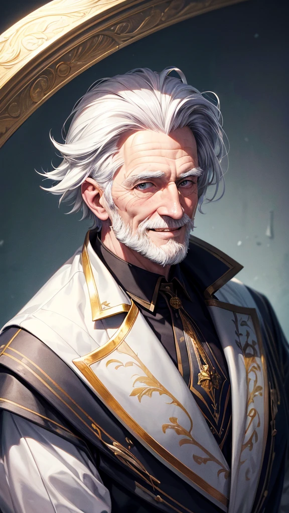 masterpiece, best quality, high resolution, closeup portrait, a male, white hair, Servant uniform, amazing composition, front view, HDR, ultra quality, elegant, highly detailed, old man, handsome grandpa, smile