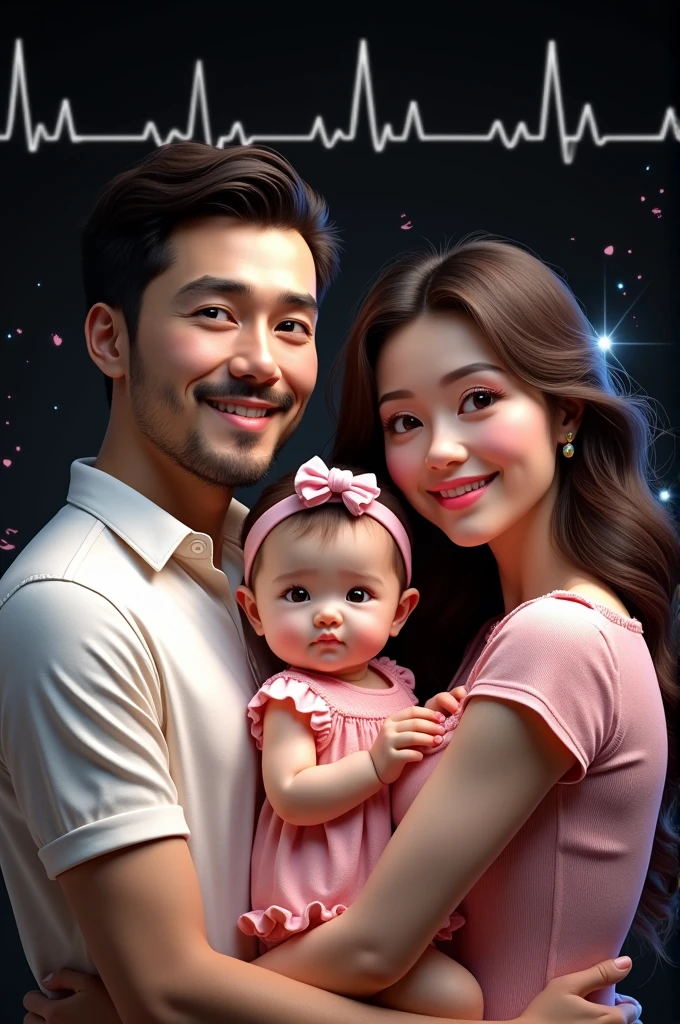 A striking 3D render of a family, with the father and mother standing proudly, and a three-month-old baby girl in the center wearing a cute pink headband. The background depicts a visually appealing pattern of white heartbeat lines against a black background, with vibrant splashes of color scattered throughout. The overall design is captivating and emotive, showcasing the beauty and love within a family., photo