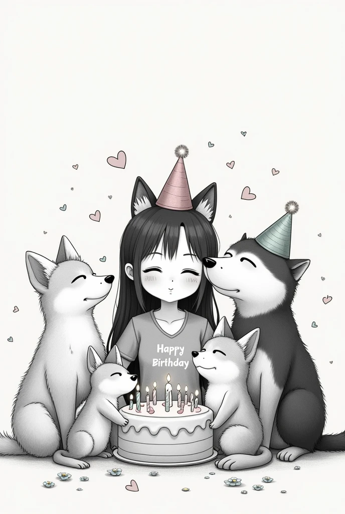 monochrome, pencil drawing, self-portrait, cute, family, pets, celebrating birthdays, happy, notes, shading, shadows, contrast, conceptual installation art, 2.5D, delicate and dynamic effects, iridescent effects, artistic, hyper, graphic CG digital art, (anime, manga, cartoon, illustration)-style