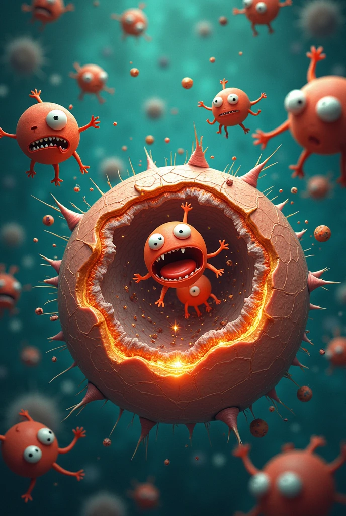 *Scenario:** A background with various organelles inside the cell, but now some are damaged. The scene will show signs of chaos in the Cell Kingdom.

- **Free Radicals:** Imagine small creatures drawn with irregular shapes, big eyes and expressions of anger or frustration. They will have their arms stretched out, trying to grab or attack other molecules. Each Free Radical will be represented as a bubble or circle with sparks around it., symbolizing its instability and search for an electron.

- **Damage:** The molecules and organelles inside the cell (such as proteins and lipids) will be represented with cracks, small marks or signs of wear, showing that they are being attacked. Some wavy lines or zigzags can symbolize the oxidation process.

- **fund:** The cell membrane will be partially broken in some places, and the core may have small fissures or cracks, indicating that it is under attack.