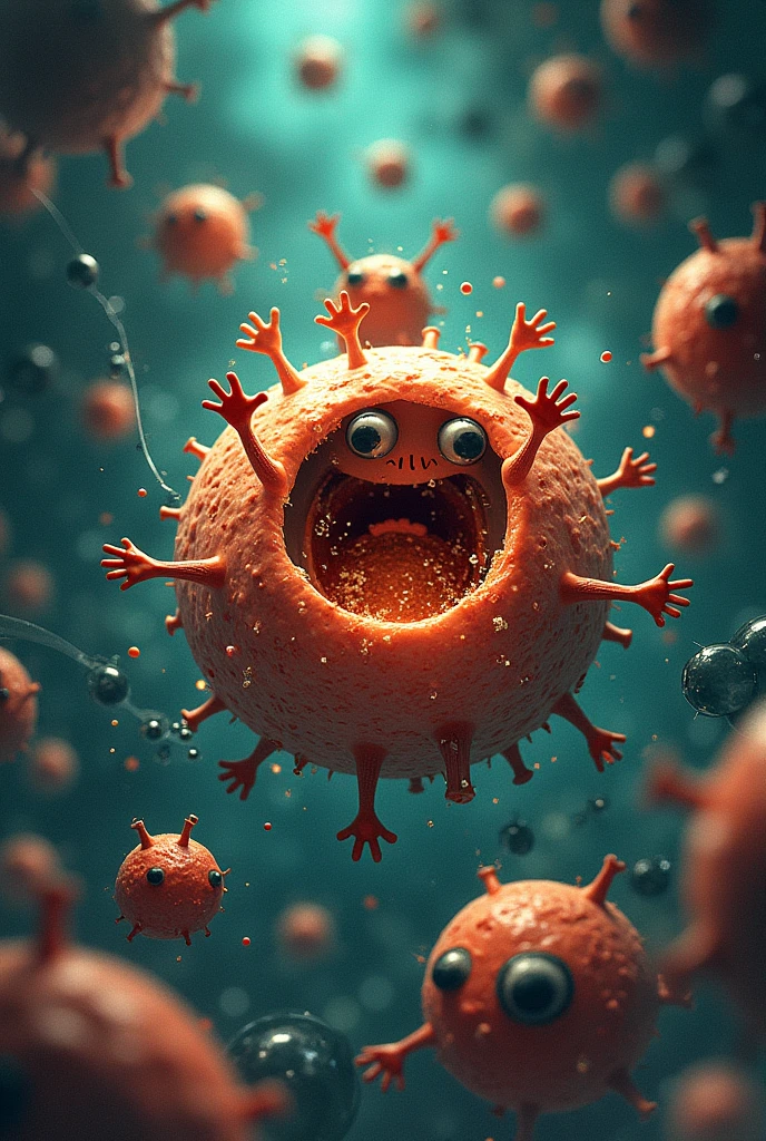 *Scenario:** A background with various organelles inside the cell, but now some are damaged. The scene will show signs of chaos in the Cell Kingdom.
- **Free Radicals:** Imagine small creatures drawn with irregular shapes, big eyes and expressions of anger or frustration. They will have their arms stretched out, trying to grab or attack other molecules. Each Free Radical will be represented as a bubble or circle with sparks around it., symbolizing its instability and search for an electron.
- **Damage:** The molecules and organelles inside the cell (such as proteins and lipids) will be represented with cracks, small marks or signs of wear, showing that they are being attacked. Some wavy lines or zigzags can symbolize the oxidation process.
- **fund:** The cell membrane will be partially broken in some places, and the core may have small fissures or cracks, indicating that it is under attack.