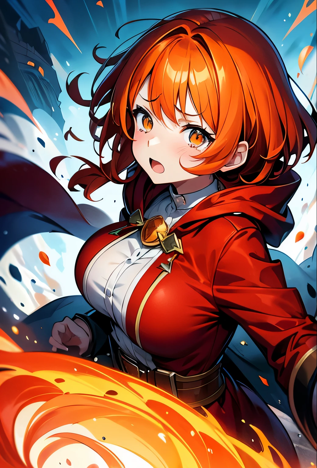 orange hair, 1girl, puffy cheeks, chubby cheeks, big breast, red coat, green clothes, fantasy, scared face, tears, long coat, hood, short hair, upper body, look at view, portraits