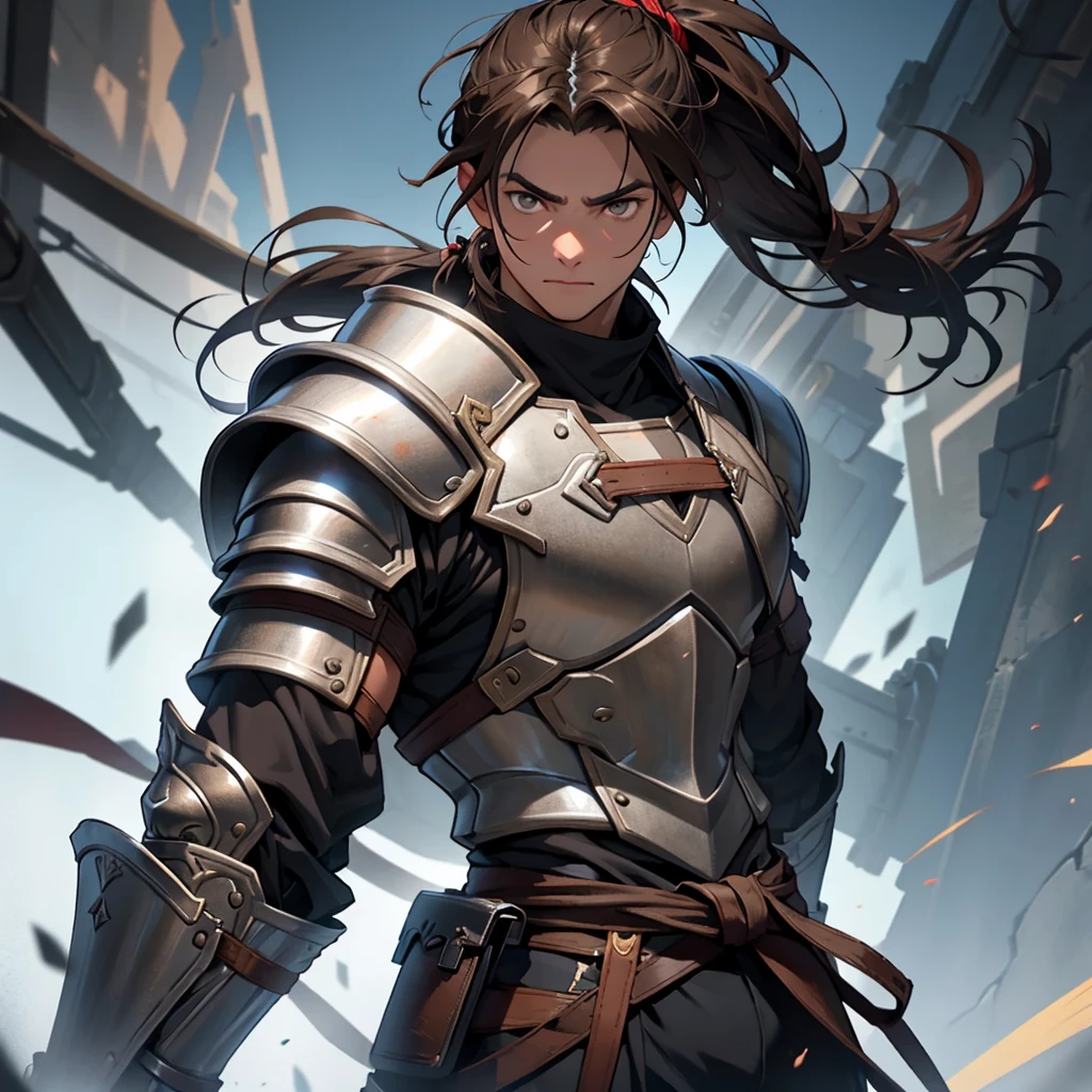 Young-faced man, adult, athletic body, He wore warrior armor, Brown hair, short, messy and tied in a short ponytail, big silver eyes, dark complexion, defiant look