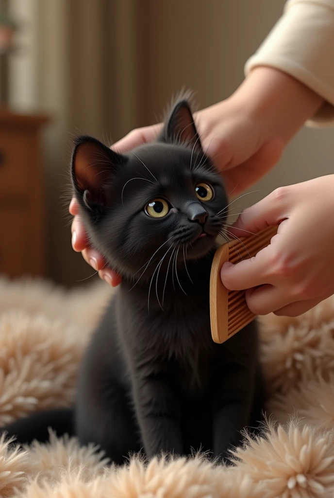Brushing in the room、とてもかわいい3歳Black cat , Real Video), Intricate details, (Real Video), Black cat,smile