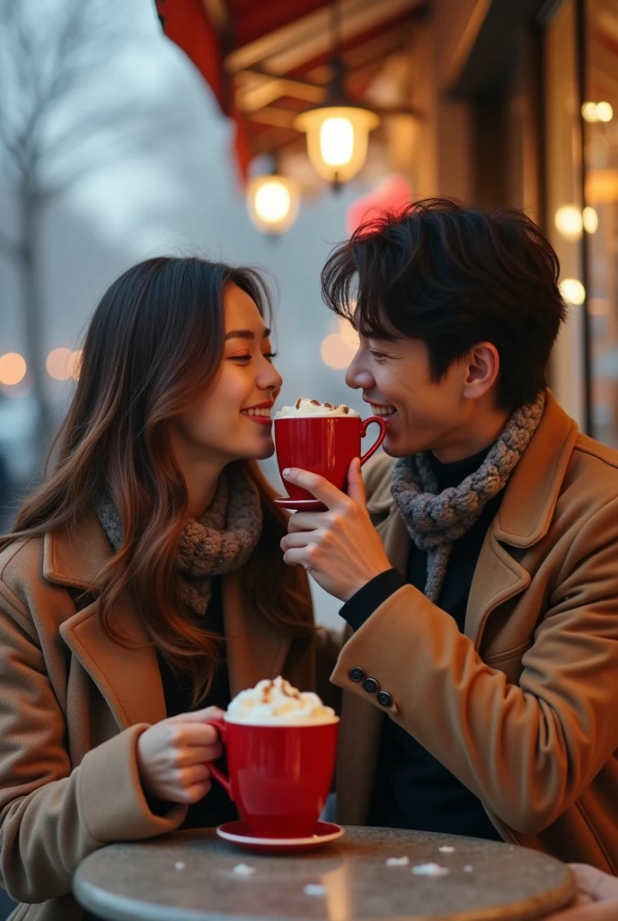 Tanned japanese handsome man and a beautiful tanned japanese woman, both wearing warm winter outfit in soft colors, the woman;s hair is long wavy loose, highlighted brown. they sit in sidewalk cafe in paris, in the window there is streetlight in paris sidewalk, snows fall from sky at night. They drink large foamy cappuccino in red mugs, and the man is smilling while he tries to clean cream on the woman's lips, and the woman looking at his eyes and smiles. focus on couples. bokeh, full body shot, ultimate photorealistic.