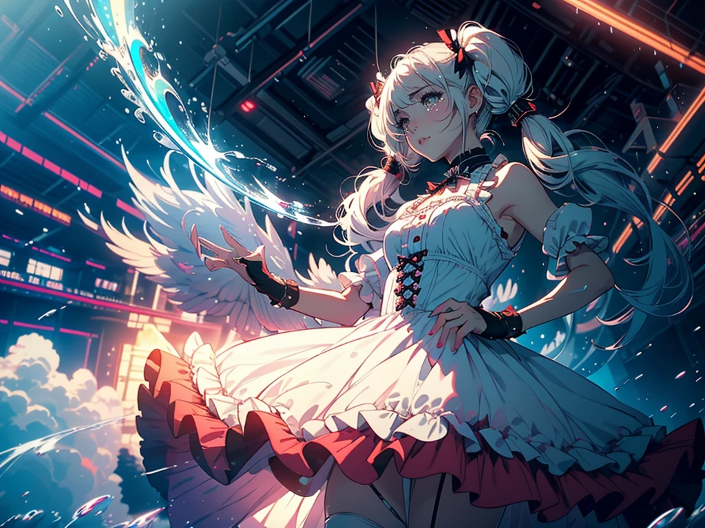 Hair shaking, victory, Long eyelashes, Solid round eye, A faint smile, ear blush, direction, (White hair), cosmetic, blush, sad, sad smile, shadow, Relief, Atmospheric perspective, 8K, Super Detail, precise, best quality, (Cyberpunk), Movie Lighting, masterpiece,(1 Girl), ((((Short twin tails)))), Colorful hair, flight, Pink bow,((Female Model)), (Angel Halo), ((( wing ))), bold, striking, fashionable, panoramic, Eye level shot, tiling from below,, (((Lolita dress))), (((Wide-angle lens))), (((( Splash of Color )))),8k,Ultra-clear