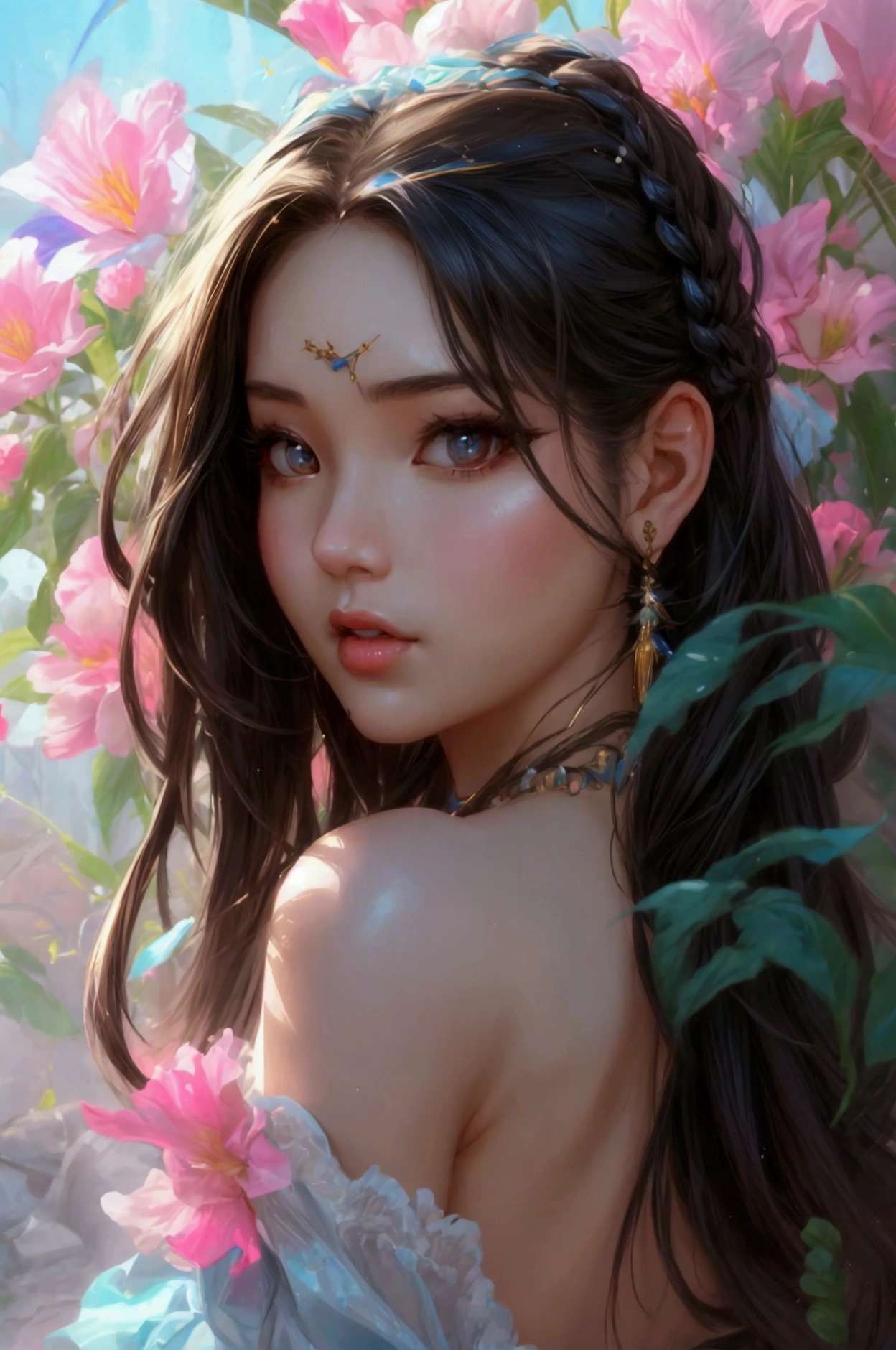 A beautiful girl, hair over the shoulder, clear eyes, smooth hair,full body portrait, comic illustration in the style of Jim Lee --ar 2:3 --v 6.0 designed digital art, trending digital fantasy art,stephen lau and artgerm, as seen on artgerm, artgerm julie bell beeple, stanley artgerm lau, artgerm and ben lo, portrait of , artgerm on artstation pixiv, exquisite and perfect facial features, the most beautiful big eyes, long eyelashes, sweet eyes with lying silkworms, pout, dynamic angle, ultimate picture quality, the highest precision, accurate and perfect human body, necklace, bust, close-up, outdoors, background is flowers and plants, long shot,