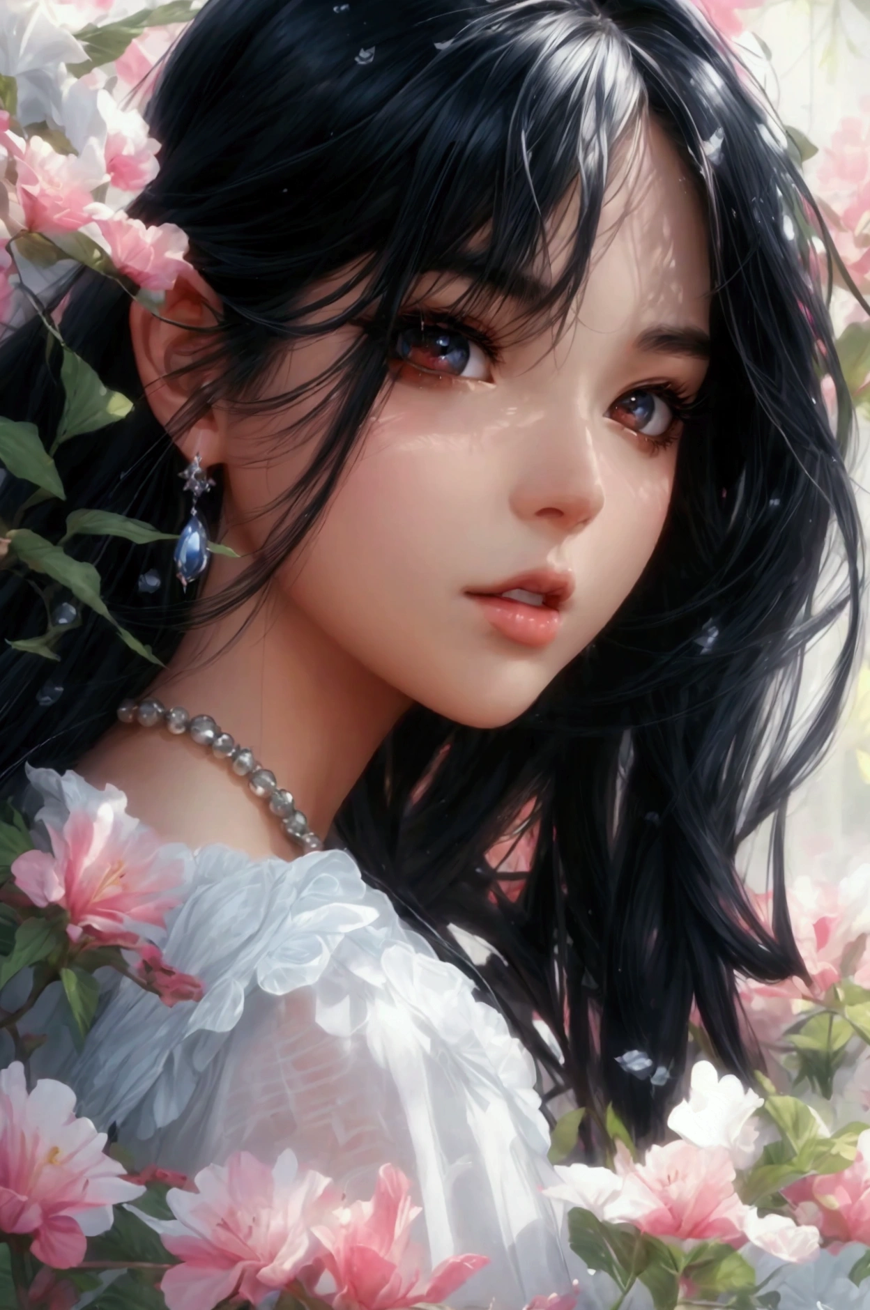 A beautiful girl, hair over the shoulder, clear eyes, smooth hair,full body portrait, comic illustration in the style of Jim Lee --ar 2:3 --v 6.0 designed digital art, trending digital fantasy art,stephen lau and artgerm, as seen on artgerm, artgerm julie bell beeple, stanley artgerm lau, artgerm and ben lo, portrait of , artgerm on artstation pixiv, exquisite and perfect facial features, the most beautiful big eyes, long eyelashes, sweet eyes with lying silkworms, pout, dynamic angle, ultimate picture quality, the highest precision, accurate and perfect human body, necklace, bust, close-up, outdoors, background is flowers and plants, long shot,