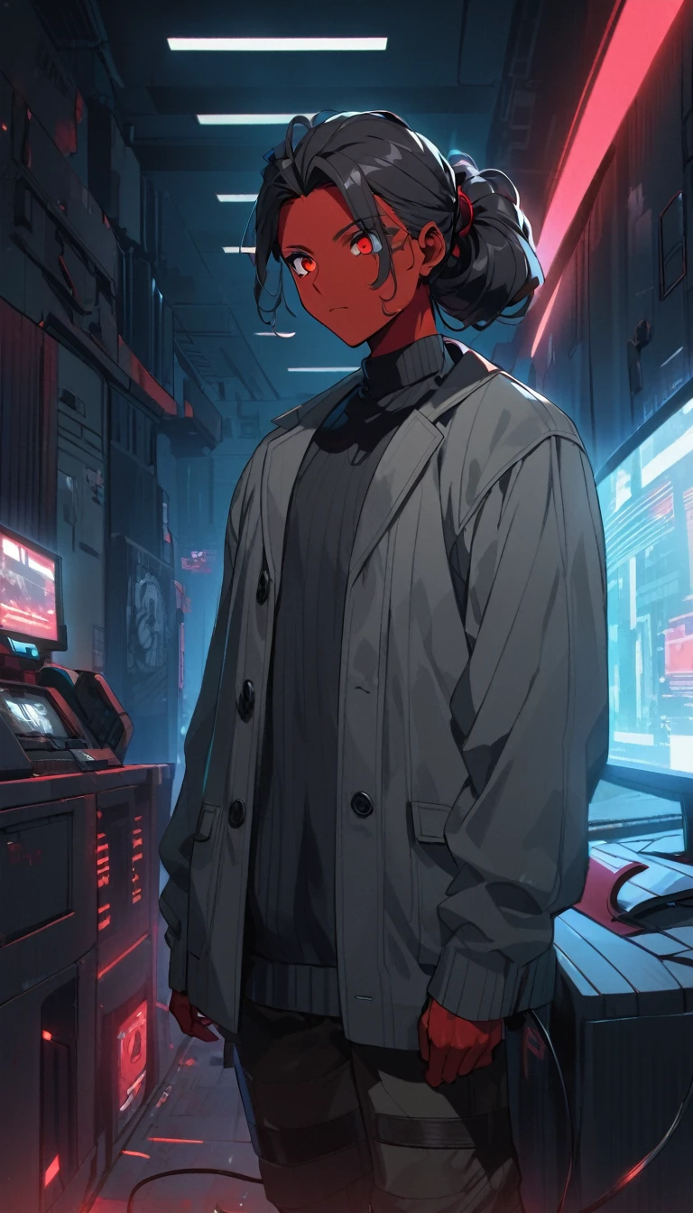 (detailed), (((normal guy))), (Arabic characteristics), ((gray wool jacket)), ((black fur rizado Ponytail hairstyle)), ((Ponytail hairstyle)), (calm face), ((by the width)), ((Brown boots)), (((whole body))), ((In a cyberpunk room)), ((male)), (gray turtleneck sweater), ((only one person)), (at night), terror, ((Bright red eyes)), In the dark, ((black fur)), ((((red skin color)))), demon tail