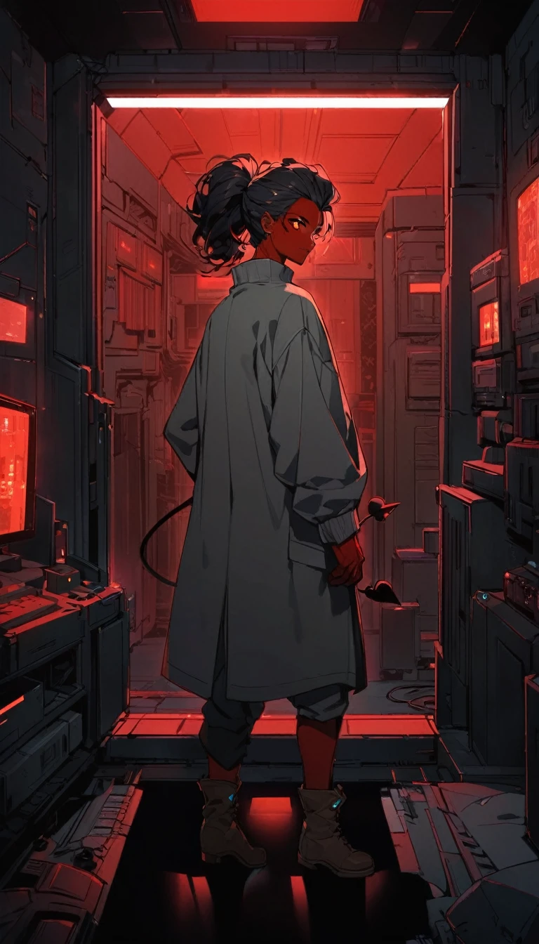 (detailed), (((normal guy))), (Arabic characteristics), ((gray wool jacket)), ((black fur rizado Ponytail hairstyle)), ((Ponytail hairstyle)), (calm face), ((by the width)), ((Brown boots)), (((whole body))), ((In a cyberpunk room)), ((male)), (gray turtleneck sweater), ((only one person)), (at night), terror, ((Bright red eyes)), In the dark, ((black fur)), ((((red skin color)))), demon tail