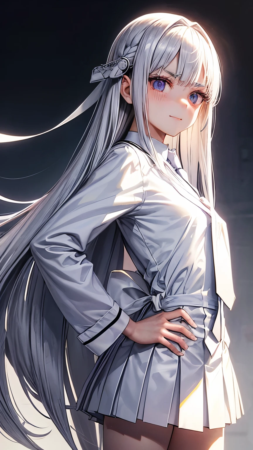 15 years old Japanese depressed and tidy girl ((extra very small breast))((slender )), (( white and silver straight long length hair))((straight long length forelock :1.5)), ((tidy white school uniform:1.5))((red tie:1.5))((limp smile)), droopy and gentle eyes ((light purple)), eyelashes, thin eyebrows , scared and alone atmosphere, blush, seems very cornered and troubled, ((looking back pose: 1.4)), (( face focus:1.3)), best quality,MSFW