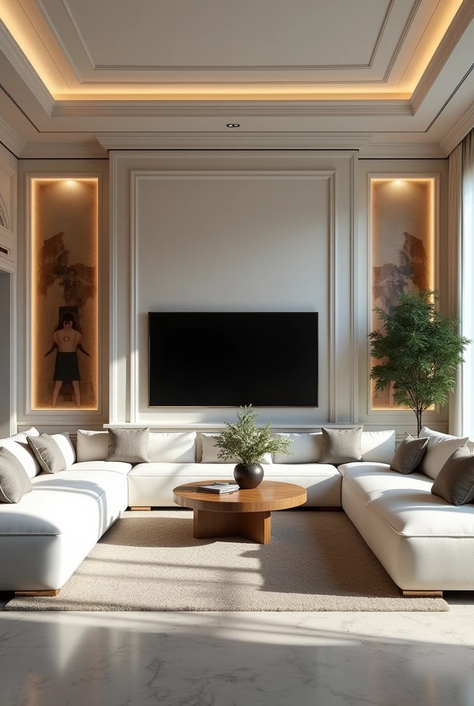 a large room with a giant television, White sofas and elegant paintings