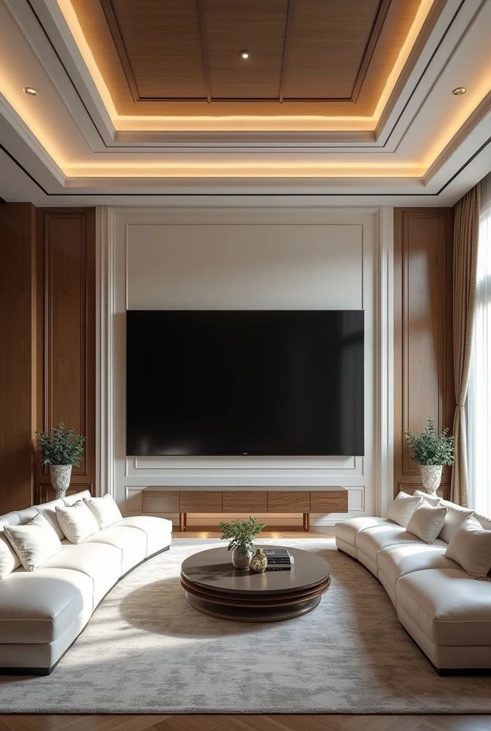 a large room with a giant television, White sofas and elegant paintings