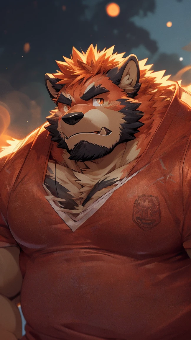 human nature, wild animals, male,36 years old，uncle， solitary, ((Round Face, The face is plump,Orange Eyes,Thick Orange Hair，Scars)), ((Endomorph, Handsome，Hot Blood)), （Mecha suit，no electricity，exhausted), ((domestic 狼, Wolf Orc，) Fluffy fur, Fluffy), Bokeh, (high quality, high resolution, masterpiece), (Dynamic Lighting, Vibrant colors), (Revitalize，harm，Contempt), Full body pictures (close up), cartoon, author：Takemoto Arashi, From Zixiong, author：Chunni, author：Ethereal，（background：Rainforest）,full body art