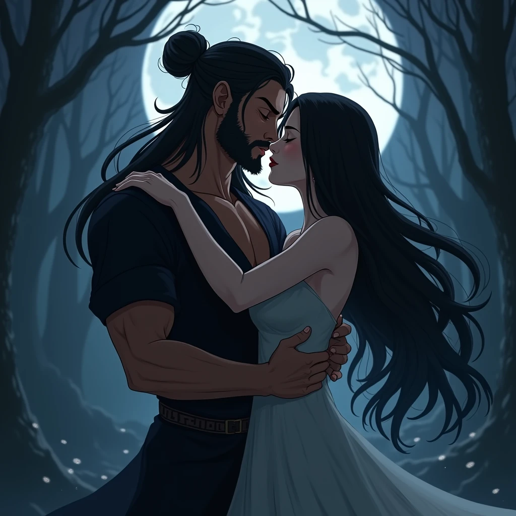 A light brown man with long hair and is formed in a bun, He wears a black shirt and black pants, emanates darkness, He is taking a woman in his arms while kissing her. The man reveals his attractive, angelic and intimidating face, with defined jaw, muscular, with a little beard, He has his eyes closed while he is hugging and kissing the young woman, delicate and beautiful woman with porcelain skin, long, straight, jet-black hair, revealing the beautiful, delicate face of that woman, She still has her eyes closed enjoying the kiss and the hug. She emanates light. at night, in the moonlight in the forest. Hades and Persephone. ((The darkness that emanates from man is like a fog but stronger.)) animated art