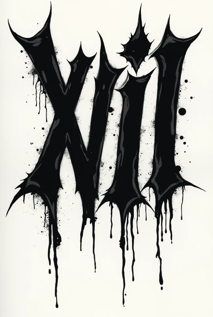 I want a tattoo design. It should say “XVIII” The letters should look deep black with a typography that exaggerates the features of the letters, having pointed accents and looking sloppy.