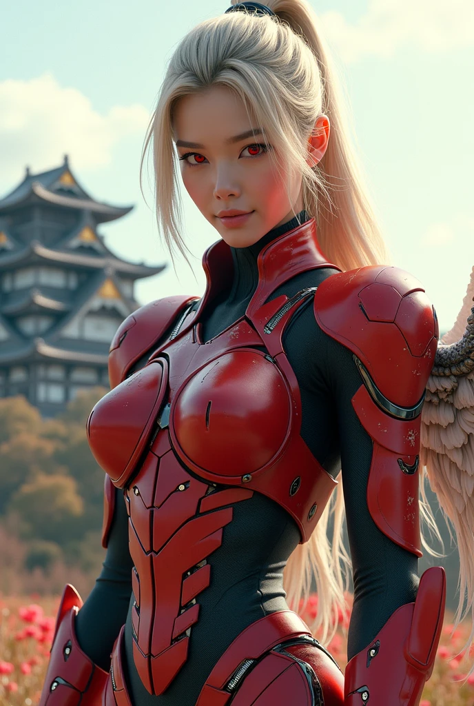 (masterpiece, best quality), futuristic soldier, korean beauty like tae yon, her face and leg fully visible, shining red eyes,, blonde ponytail , titanium stell full red mate armor suit with old relic motif, mechanical steel detail wings, holding angelic fantasy sword, bright smile, wear angelic boot, smal light armor on arm and leg with old relic motif, standing on top the hill with old kyoto shogun castle seen on far away,best ratio body ,uhd. use the RenderMan renderer.digital art. High definition, high contrast, high color saturation, 3d,128k,cinematic lighting, intricate,cinematic lens, advertising photograph,ultra detail. Wallpaper size.