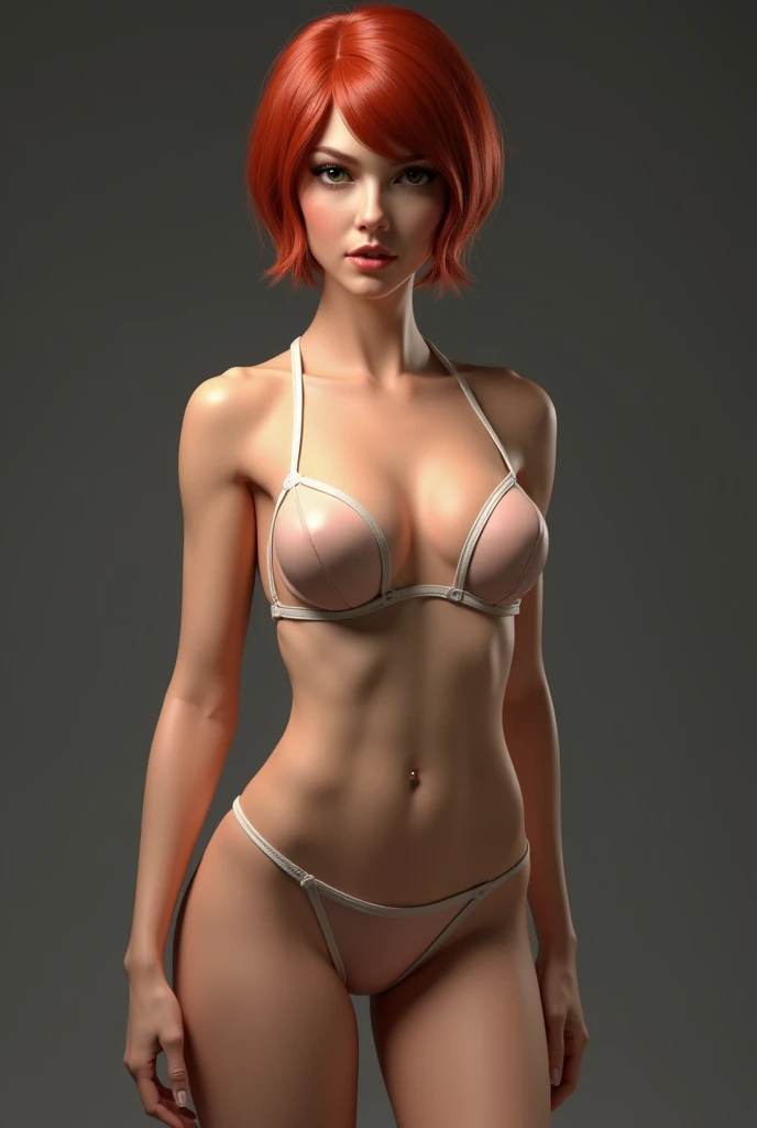 A very sexy girl, White skin, green eyes, short red hair, round face, small nose, small mouth, big lips, athletic body, midium firm breasts exposed. wide hips, naked, pussy, Ray Tracing, 16k, 8k, super detail, textured skin, high details, award winning, Anatomically correct, accurate, masterpiece