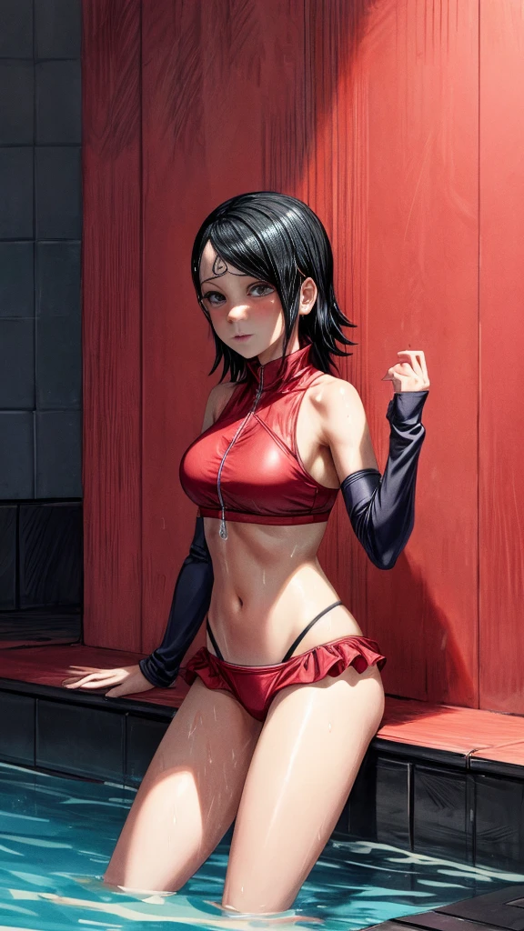 masterpiece, in detail every detail feature drawing everything, Sarada Uchiha, medium growing breast, She is wearing a red two-piece bikini, hands up stage in a pool all wet from the water heat sweat hot day masterpiece 4K HD high resolution , short black hair.