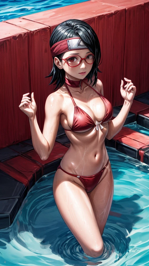 masterpiece, in detail every detail feature drawing everything, Sarada Uchiha, medium growing breast, She is wearing a red two-piece bikini, hands up stage in a pool all wet from the water heat sweat hot day masterpiece 4K HD high resolution , short black hair.