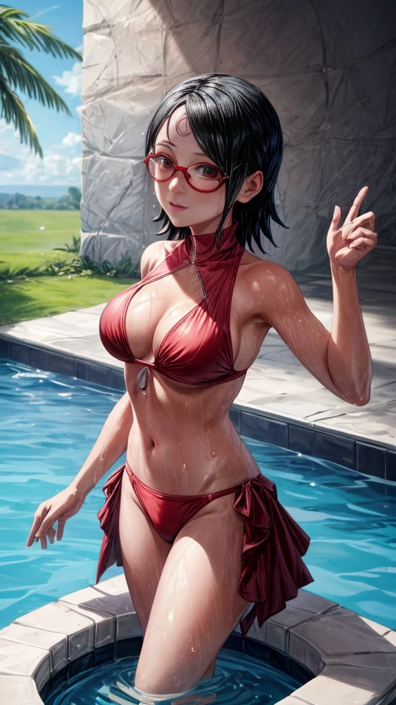masterpiece, in detail every detail feature drawing everything, Sarada Uchiha, medium growing breast, She is wearing a red two-piece bikini, hands up stage in a pool all wet from the water heat sweat hot day masterpiece 4K HD high resolution , short black hair.