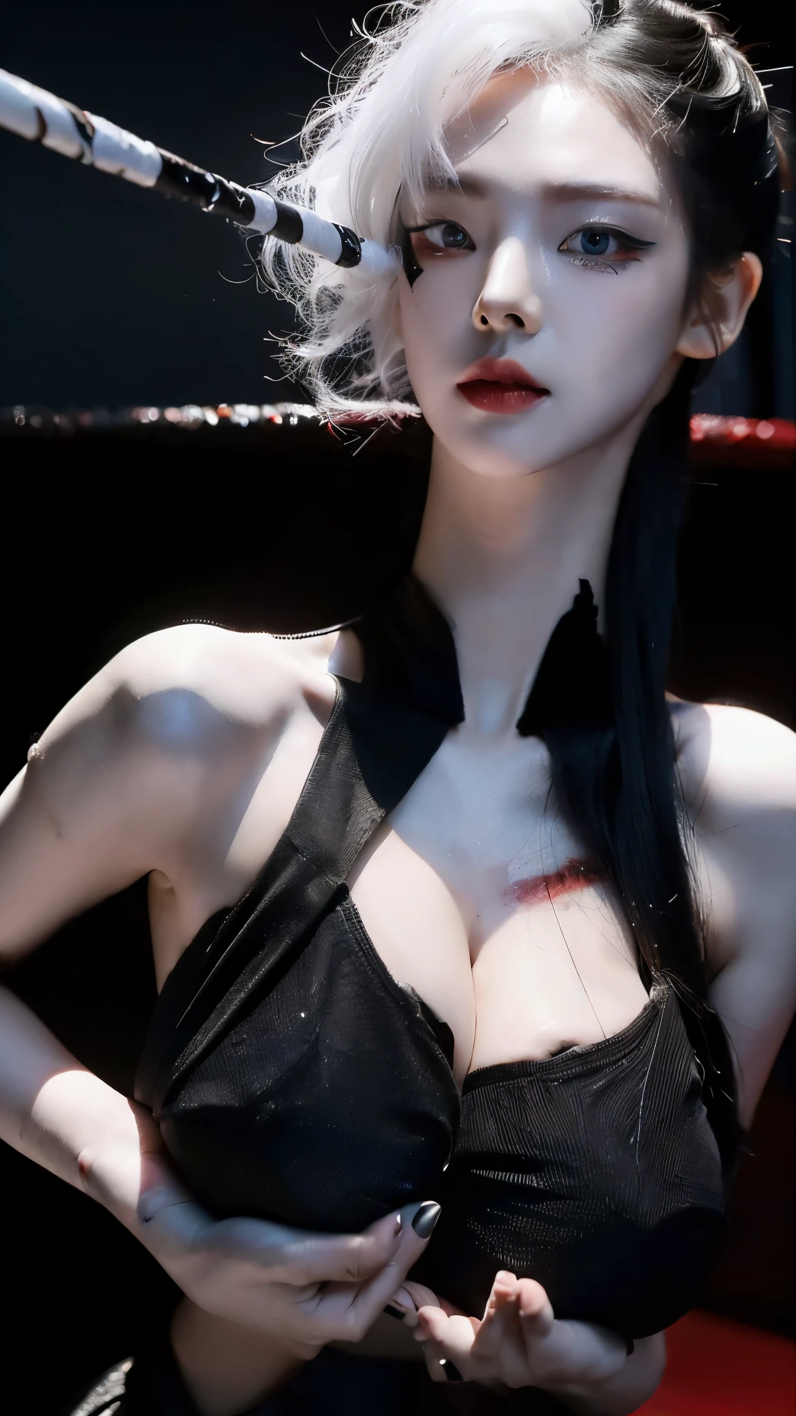  ((top quality, 8 thousand, masterpiece:1.3)) Korean woman, disorderly,receive the light,(Black ponytail), dark eyeshadow, Black lipstick, gothic makeup, (smudged makeup: 1.3), beautiful and delicate hair,delicate red eyes, (huge breasts: 1.7) , in a dark cave, red tattoo, very pale skin, smudged makeup, Indifferent expressions, red circle lenses, goth style clothes, monochrome, (smeared eye line: 1.6)