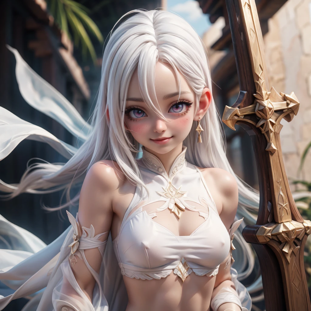 ariel, upper body portrait, white hair, beautiful, cute arabian transparent Langerie, warrior, midriff, fit, white hair, desert background, realistic fantasy ,concept art, sexy, excited, gorgeous face,fully body, breasts small, smooth skin, Medium pink mouth, Linda, naturals .Transparent silk on clothes, 80% of the uncovered body,Cheeky smile.,Well-defined lips.