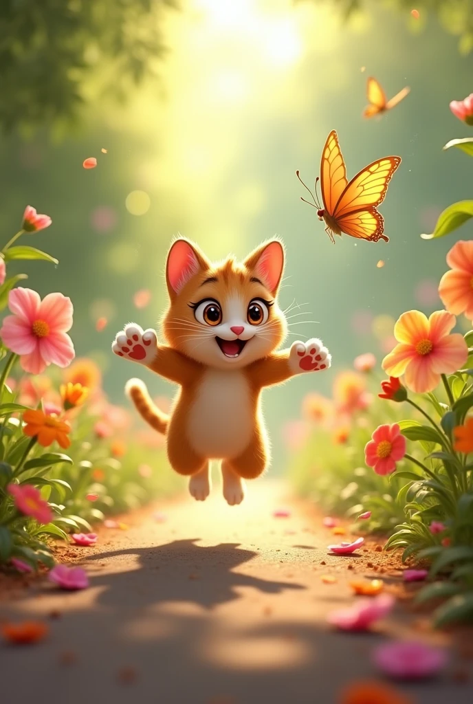 "In a playful scene, Whiskers leaps into the air trying to catch the butterfly. The butterfly is light and graceful, while Whiskers is twirling and pouncing, clearly enjoying the playful game as they dart through flowers and over the garden path."