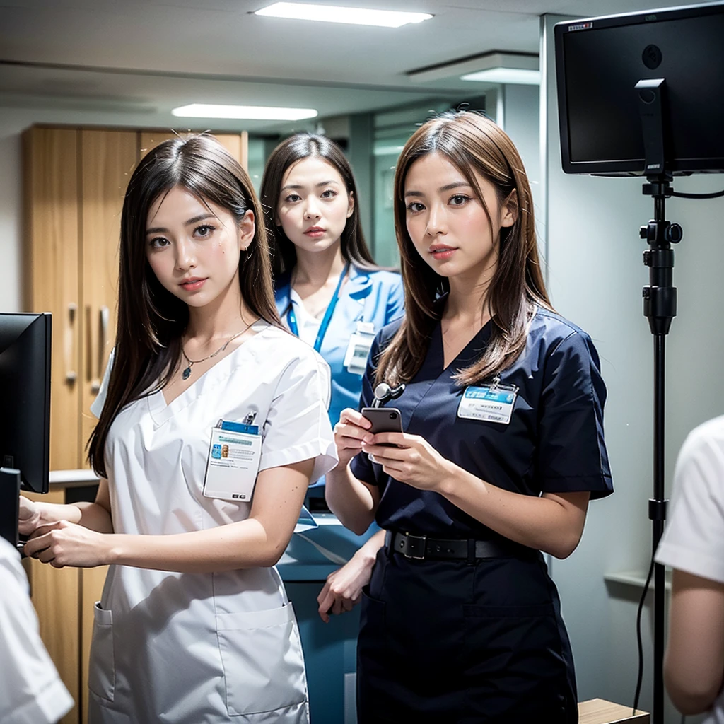 A group of three or more beautiful and elegant nurses working diligently at a modern, high-tech nurse station. Each nurse is dressed in clean, crisp uniforms, with gentle smiles, exuding professionalism and warmth. The nurses are interacting with each other and attending to tasks, creating a collaborative and dynamic atmosphere. The nurse station is well-lit, with medical equipment in the background, capturing the atmosphere of a busy yet orderly hospital environment. The image should be in ultra-high definition, showcasing the natural beauty of the nurses and the details of their surroundings.