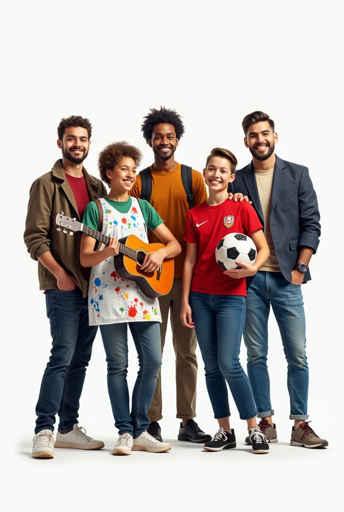 Group of 5 young people consisting of an 18-year-old musician with a guitar in his hand, A 22-year-old artist with a paintbrush and a smock full of paint, a 14-year-old student leader, a 17-year-old soccer player in uniform with a ball in his hand and a 24-year-old entrepreneur in a suit.
Everyone is happy and excited that it is a casual photo, realist, with white gondo