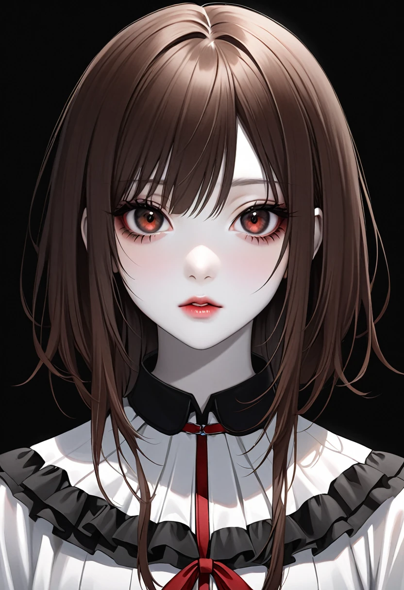 ((Yuki Kuran)), Vampire Knight Memories, pale white skin, long brown hair, big reddish brown eyes, ulzzang, thick black eyeliner around eyes, realistic, black background, hair parted to left side, straight on, looking at viewer, long thin face,