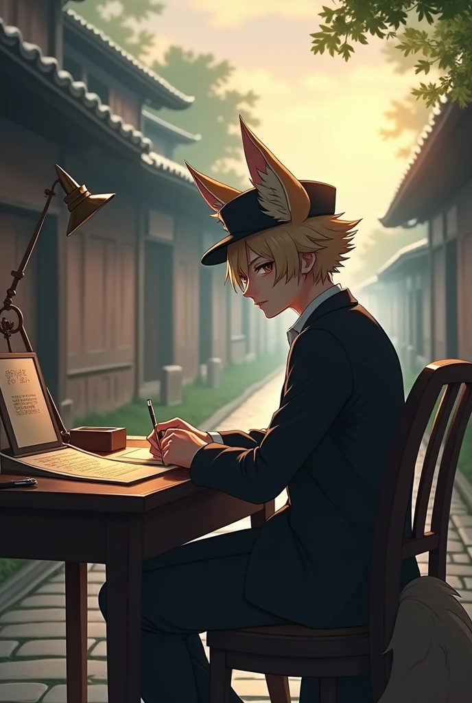 masterpiece、1 young man、male、short hair、fox ears and tail, Young man in black suit and cap、Landscape of ancient Japan、Kyoto、Meiji、Taisho、Romance Taisho、paved、 sitting at a desk、Soft lighting、high quality、(masterpiece)、Human perspective、masterpiece、premium、Highly crafted CG Unity 8K wallpapers、an oil painting、Depth of fields、bloom、Very detailed、art stations、complex、High details、dramatic、volumetric lighting