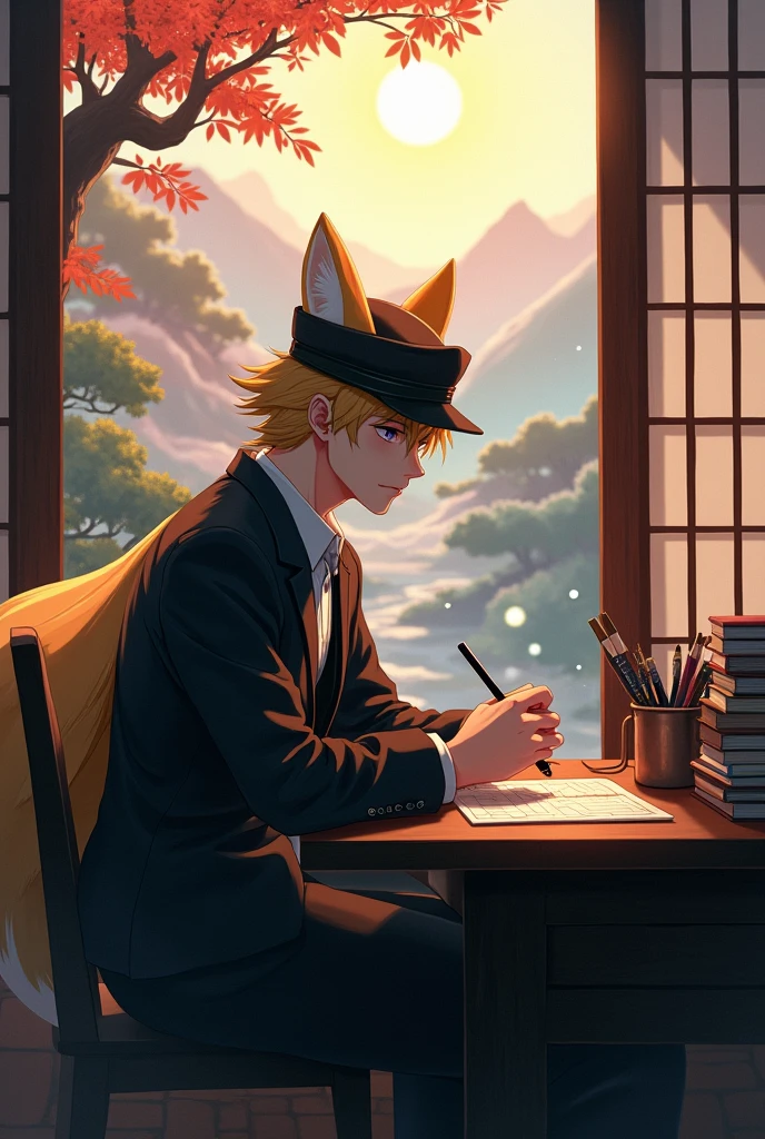 masterpiece、1 young man、male、short hair、fox ears and tail, Young man in black suit and cap、Landscape of ancient Japan、Kyoto、Meiji、Taisho、Romance Taisho、paved、 sitting at a desk、Soft lighting、high quality、(masterpiece)、Human perspective、masterpiece、premium、Highly crafted CG Unity 8K wallpapers、an oil painting、Depth of fields、bloom、Very detailed、art stations、complex、High details、dramatic、volumetric lighting