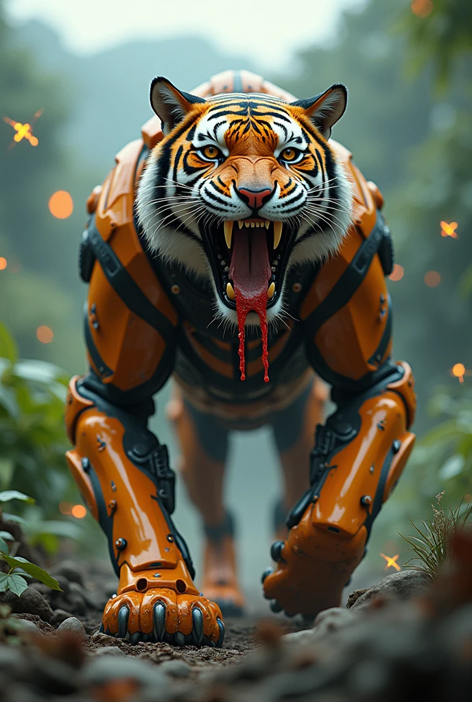 Photorealism 1.2 high definitions high details realistic bionic tiger robotic at jungle roaring at hills electric spark injured tiger strip long sharp fangs saliva dropping