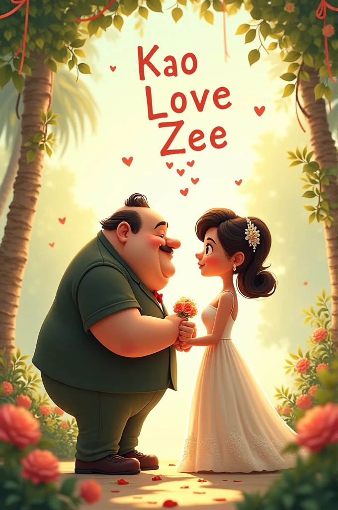 Make a picture of a short, fat man and a short, beautiful woman getting married with a romantic background with the words written above kao love zee