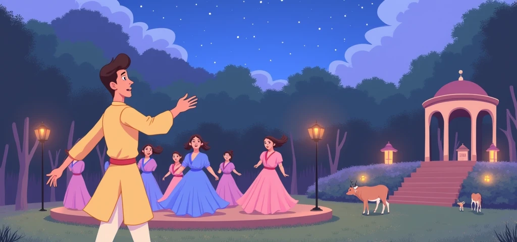 A young man in a pale yellow traditional kurta sings passionately under a starry night sky, surrounded by vibrant dancers in flowing blue and pink garments. They perform on a circular stage in a lush, fantasy-like setting. Nearby, an elegant gazebo with a domed roof glows warmly, and cows graze peacefully in the foreground. The scene blends elements of tradition and magic, creating a serene and ethereal atmosphere.