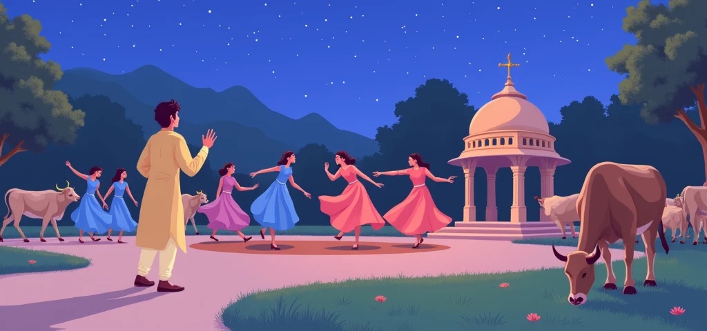 A young man in a pale yellow traditional kurta sings passionately under a starry night sky, surrounded by vibrant dancers in flowing blue and pink garments. They perform on a circular stage in a lush, fantasy-like setting. Nearby, an elegant gazebo with a domed roof glows warmly, and cows graze peacefully in the foreground. The scene blends elements of tradition and magic, creating a serene and ethereal atmosphere.