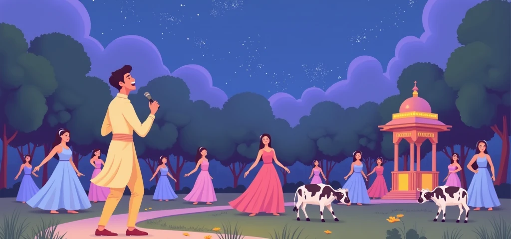 A young man in a pale yellow traditional kurta sings passionately under a starry night sky, surrounded by vibrant dancers in flowing blue and pink garments. They perform on a circular stage in a lush, fantasy-like setting. Nearby, an elegant gazebo with a domed roof glows warmly, and cows graze peacefully in the foreground. The scene blends elements of tradition and magic, creating a serene and ethereal atmosphere.