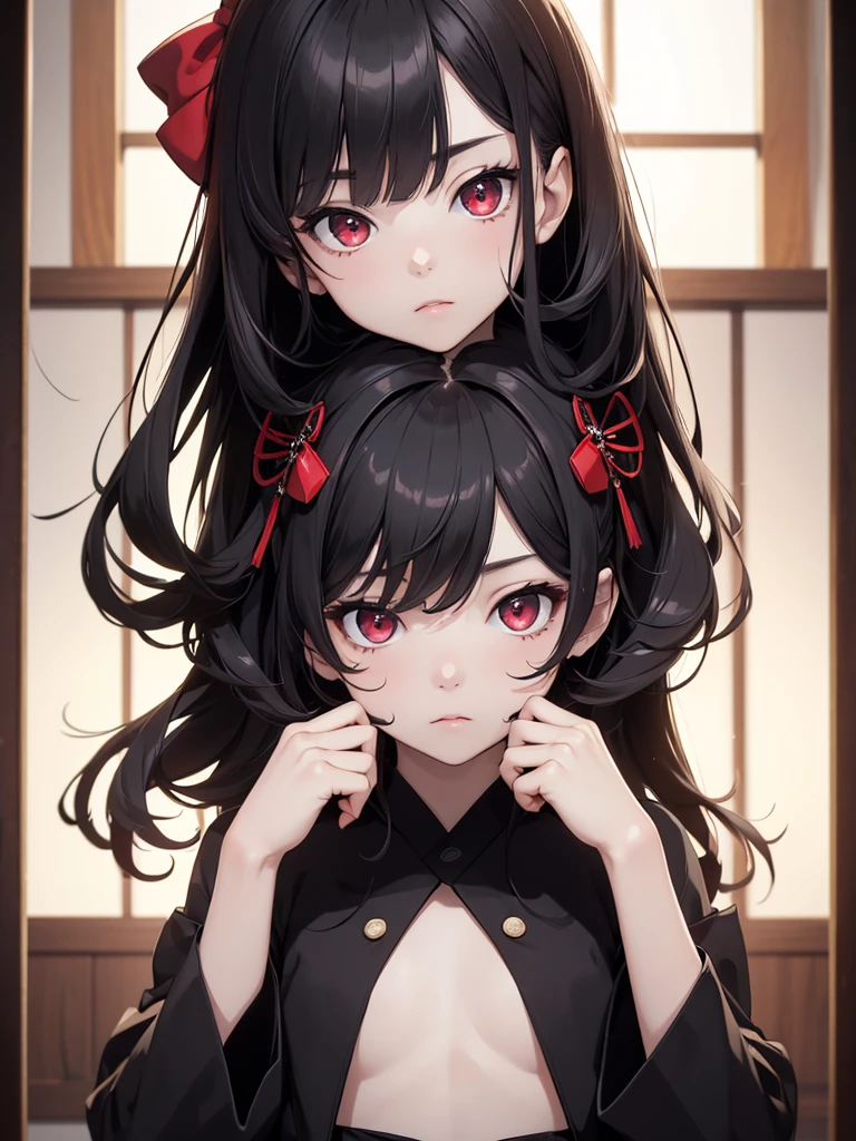 (8K, Best Quality, Masterpiece, Ultra High Resolution) Single Person, 1 Girl, Child, Young, Cute Eyes, Face Details, Pale Skin, Slender, Short, Flat Chest, Dark Black Hair, Long Hair, Red Eyes, Black Dress, Hair Bow, Traditional Japanese Home, Best Quality, Upper Body, Looking at the Viewer, Facing Viewer, Close Up