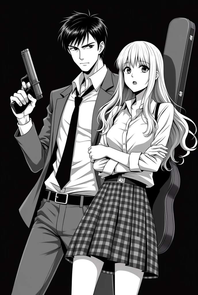 Draw a picture of a young man, attractive black haired man wearing a shirt and dress pants and a jacket and tie, He carries a gun in one of his hands and a guitar case on his back.. Next to him is an attractive young woman with long blonde hair., dressed in a plaid skirt and a white dress shirt, The young man is protecting the woman. Make the drawing in the style of a black and white manga