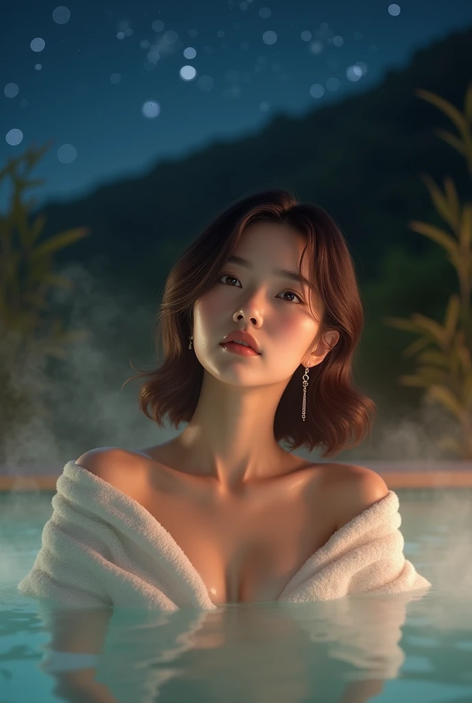 big breasts、naked、(((Cover your chest with a towel.)))、outdoor bath、night sky、((High resolution)), top quality, Very detailed, realist, ((8k)), RAW Photos, of the highest quality, masterpiece, attractive, marvelous, Brown hair, Shoulder-length layers, Mesh Hair, japanese idols, sophisticated, elegant,