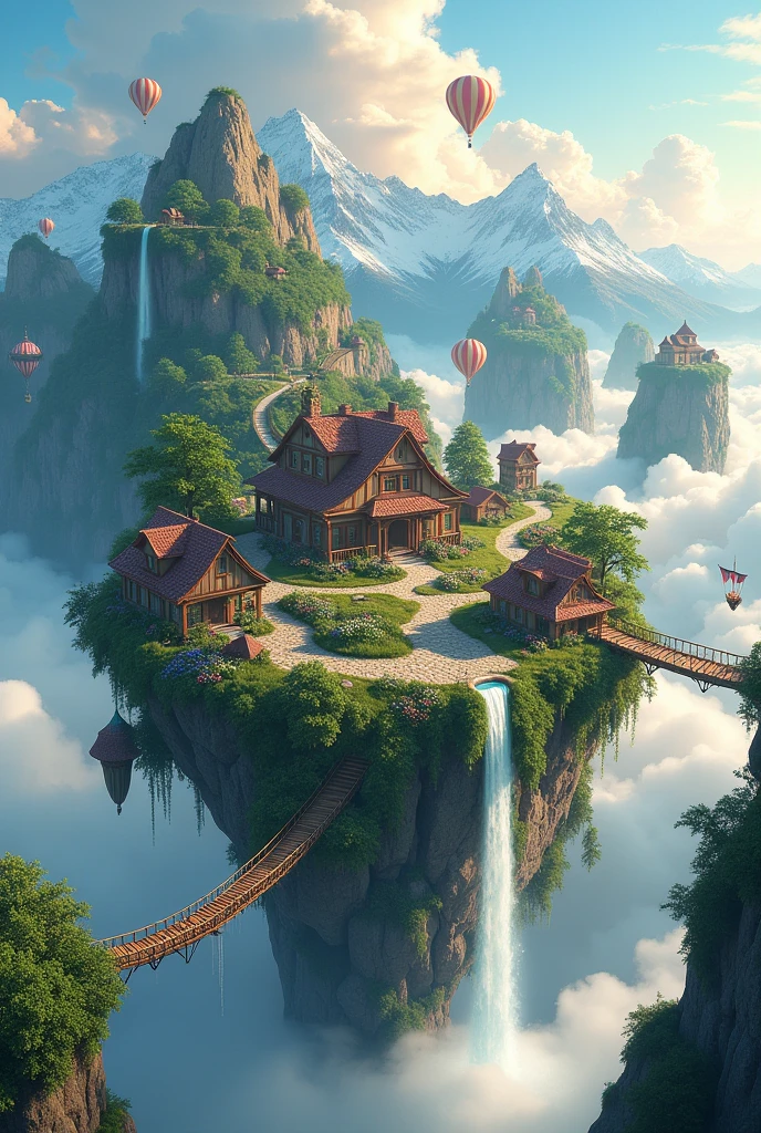 A picturesque village floating high above the clouds, with quaint cottages and winding cobblestone paths. The village is perched on massive floating islands connected by wooden bridges, each island covered in lush greenery and vibrant flowers. Waterfalls cascade from the edges of the islands, turning into mist before they reach the clouds below. Hot air balloons and flying ships drift peacefully in the sky around the village, while the sun casts a golden hue across the entire scene, creating a warm and magical atmosphere. In the distance, snow-capped mountains rise above the clouds, adding to the surreal beauty of this serene and enchanting place