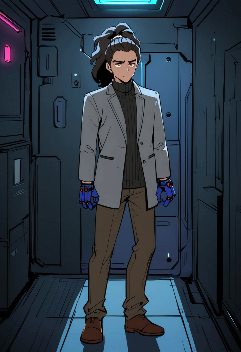 (detailed), (((normal guy))), (Arabic characteristics), ((gray wool jacket)), ((pelo negro rizado Ponytail hairstyle)), ((Ponytail hairstyle)), (calm face), ((by the width)), ((Brown boots)), (((whole body))), ((In a cyberpunk room)), ((male)), (gray turtleneck sweater), ((only one person)), (at night), terror, ((Brown eyes)), In the dark, blue robot hands