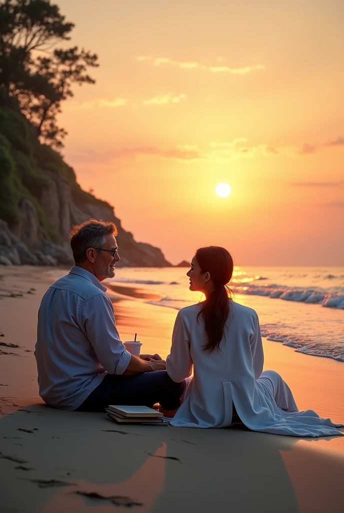 A engineer man and doctor women sitting on the beach in the evening sunset