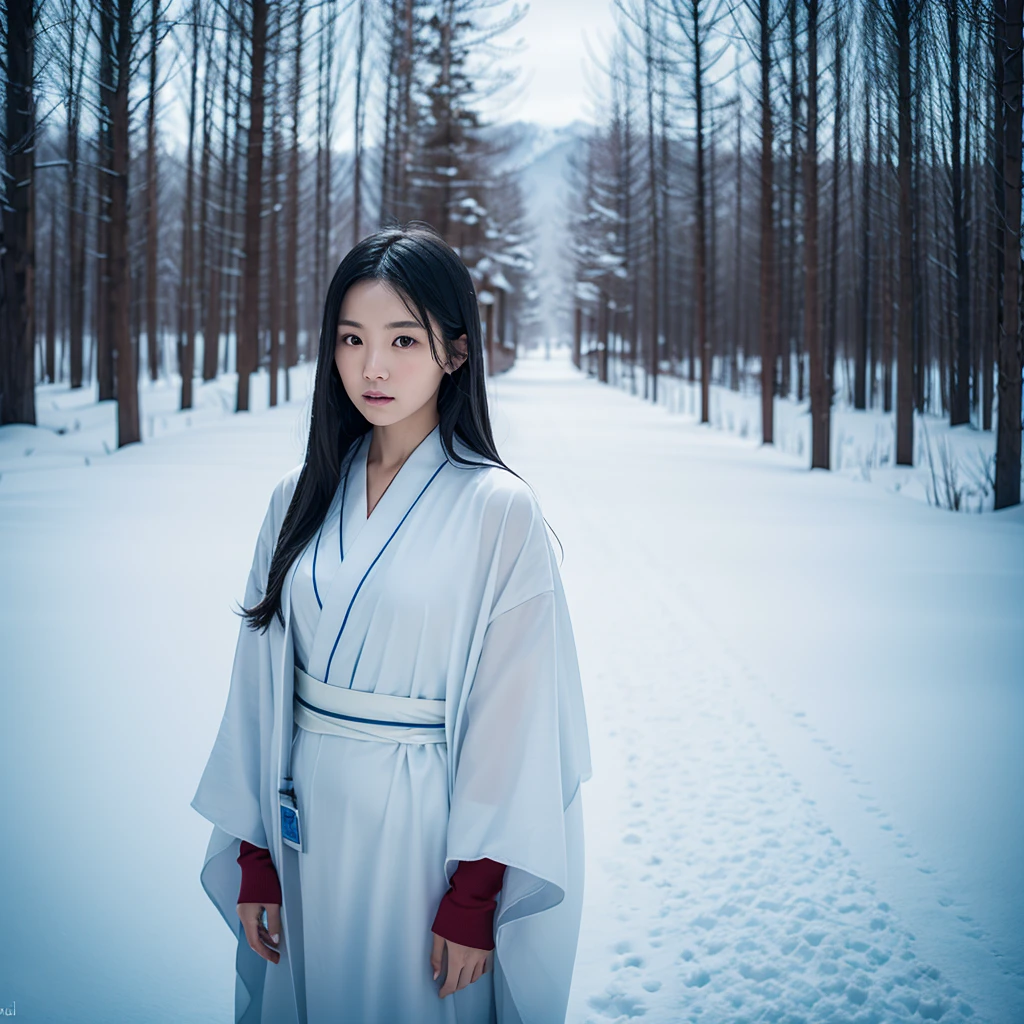 A realistic depiction of a Yuki-onna, Ghostly female nurse in Japanese folklore, Visible from very far away. She has white skin, Long black hair, Wearing a loose white kimono. The background is a snowy landscape, Beautiful and eerie, Spooky atmosphere. To enhance the supernatural sense、High resolution images with detailed textures and lighting. From a point of view, She is small, A mysterious figure in a vast landscape.