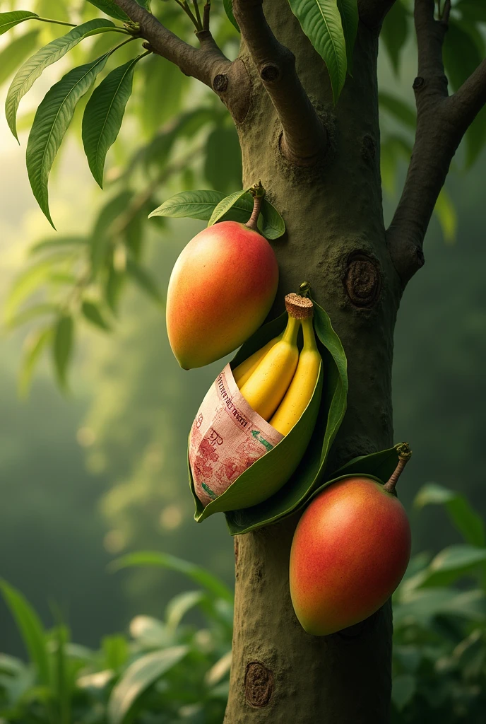 There is a mango tree with three pods, in one pod there are beautiful ripe mango fruits, in the second pod there should be a note worth Rs 500 from India and in the third pod there should be banana fruit 